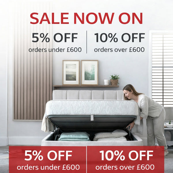 Woman with storage options in a bedroom setting, promotional text for sale and discount.
