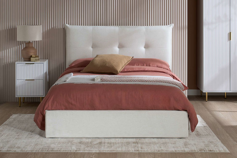 Bedroom with Haven Ottoman Bed, wardrobe and bedside