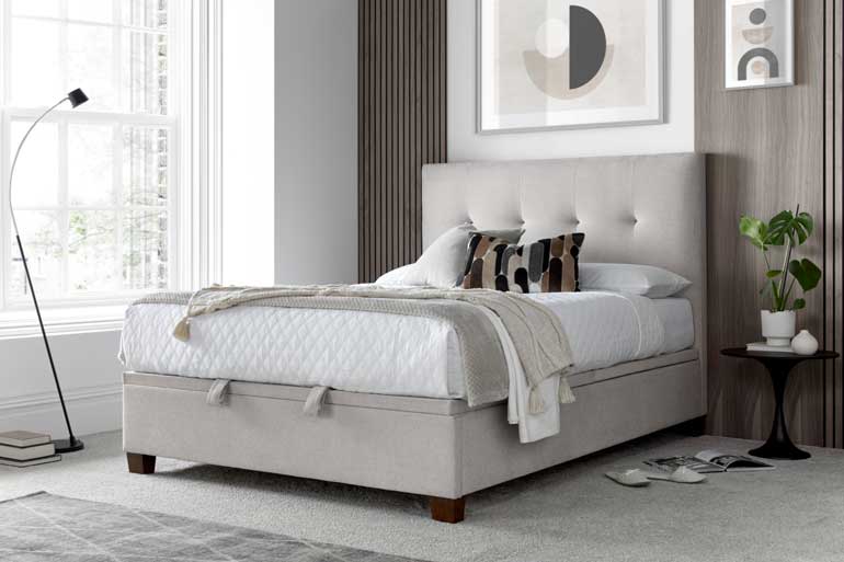 Kaydian Walkworth Ottoman Bed in Maskat Clay in contemporary bedroom.