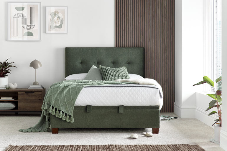 Kaydian Walkworth Ottoman Bed in Moss Green in a contemporary bedroom.