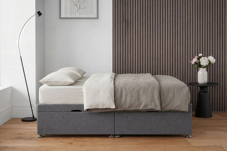 Side lift ottoman bed in bedroom setting