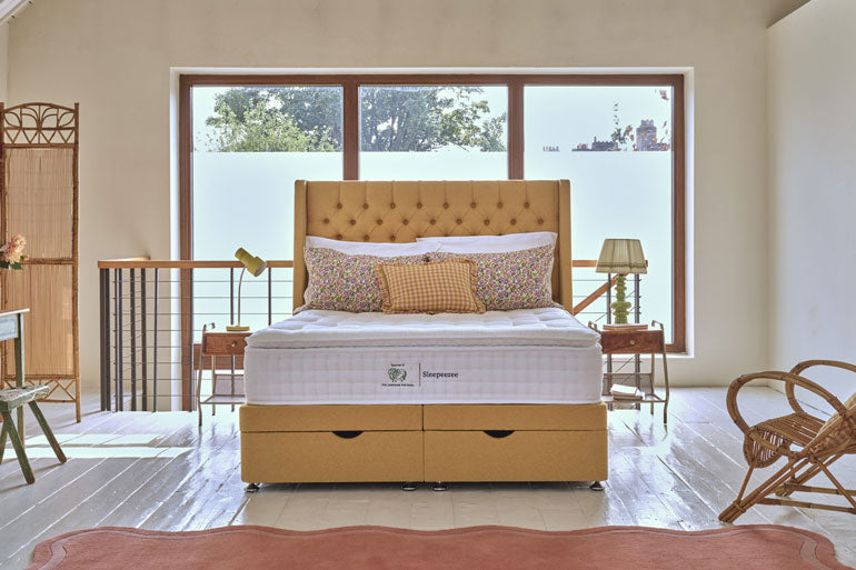 Yellow divan bed with Wool Luxe 3700 Mattress on it