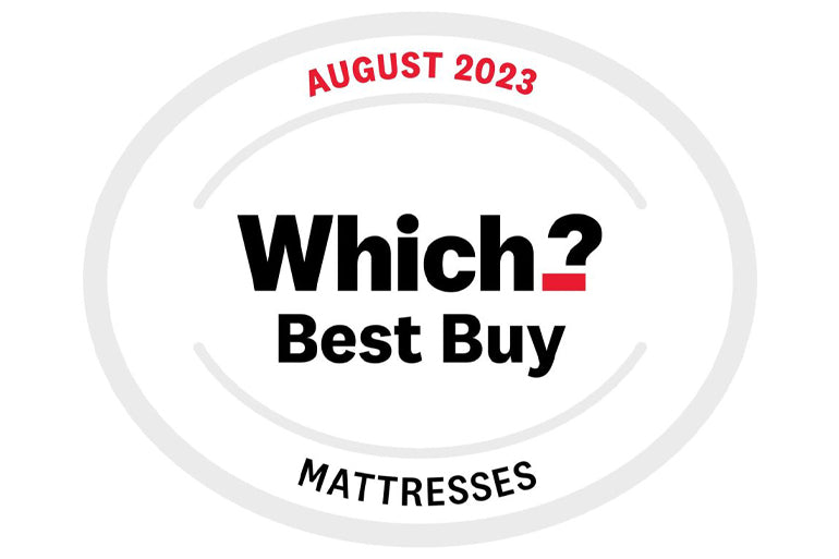 Logo for 'Which? Best Buy Mattresses' from August 2023 on a white background