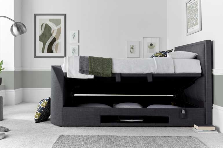 Kaydian Falstone | Falmer TV Ottoman Bed side view with the TV compartment open.