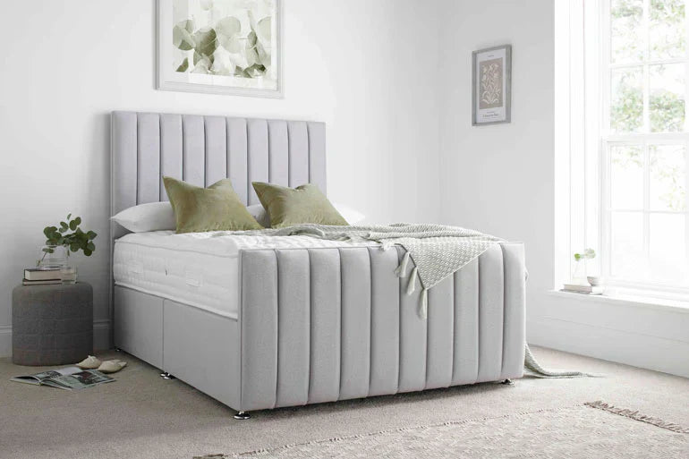 Grey fabric storage bed with vertical stitching 