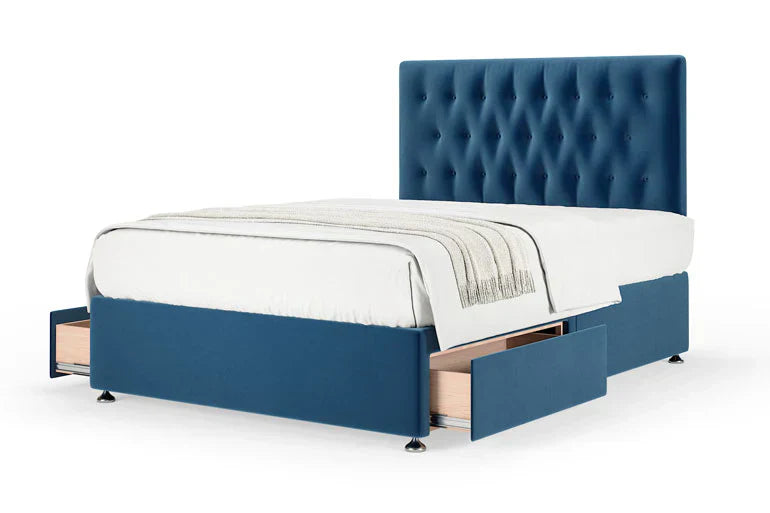 Blue fabric bed with drawers and chesterfield style headboard