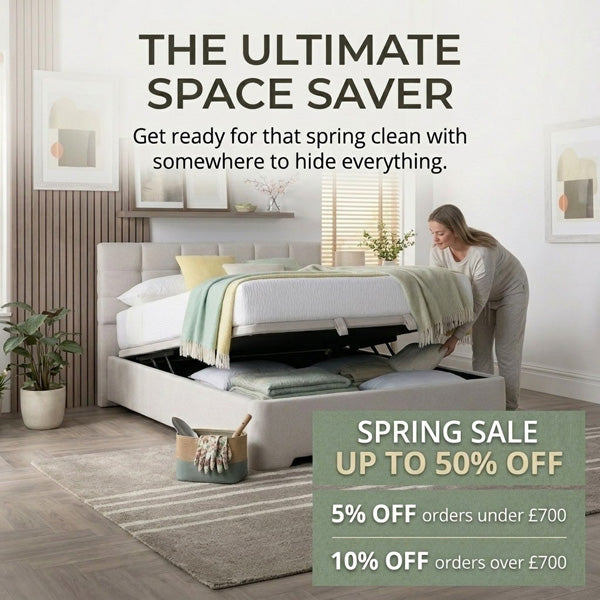 Advertisement for a storage bed with a woman using it, featuring a spring sale promotion.