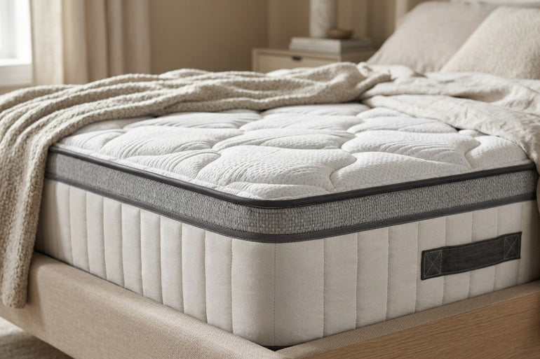 Close-up of Giltedge Eden Mattress on a bed frame in softly lit bedroom setting.