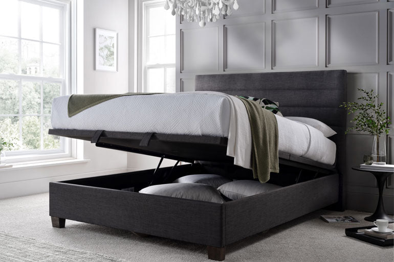 Kaydian Appleford Ottoman Bed with open storage compartment in a bedroom setting.