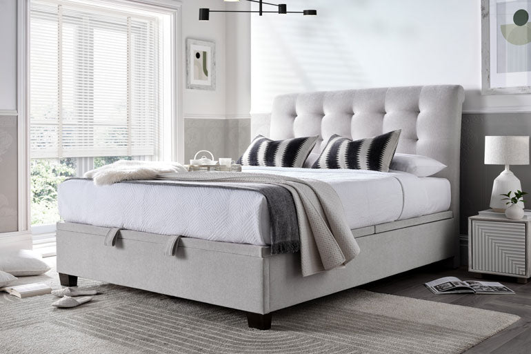Kaydian Ashbrooke Ottoman Bed in Maskat Clay in a bedroom setting.