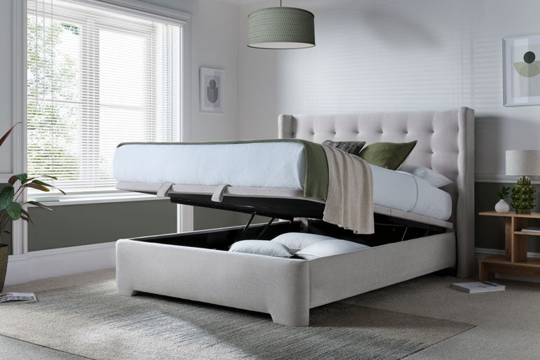 Kaydian Brunstock Ottoman bed with storage in a modern bedroom setting.