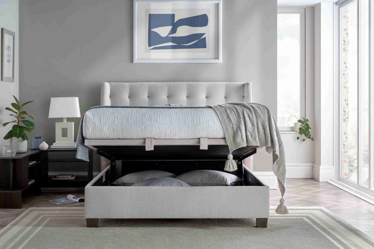 Kaydian Brunton Ottoman Bed in Maskat Clay with storage compartment slightly open.