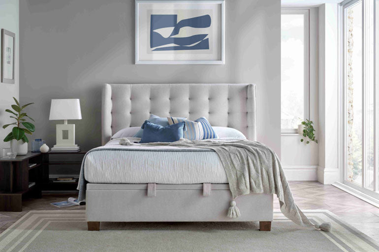 Kaydian Brunton Ottoman Bed in Maskat Clay in bedroom setting.