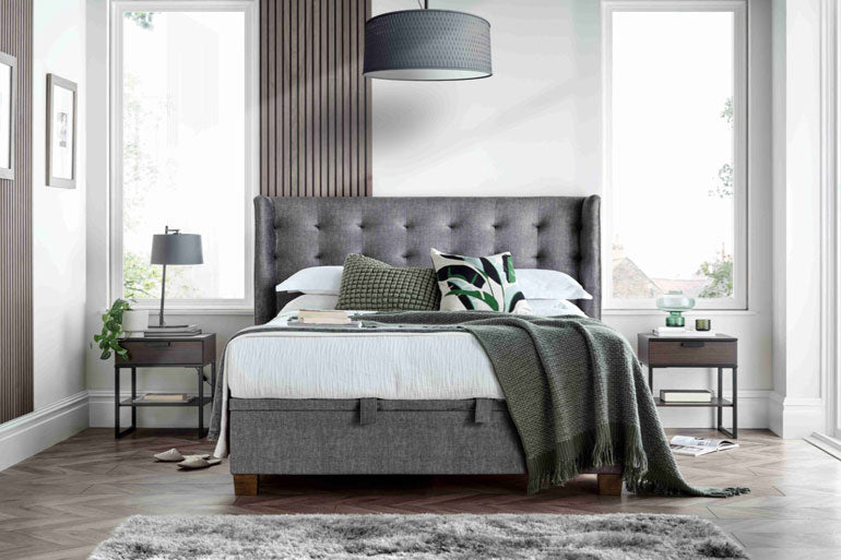 Kaydian Brunton Ottoman Bed Vogue Grey in bedroom setting.