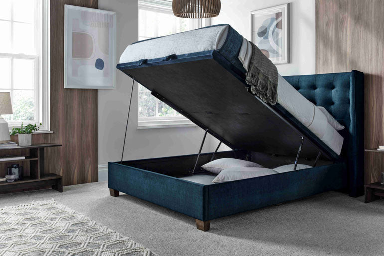 Kaydian Brunton Ottoman Bed with storage compartment open.