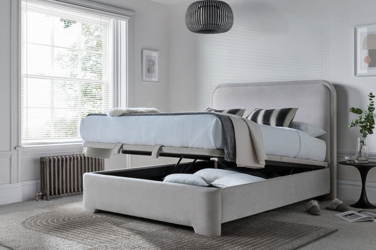 Kaydian Clitheroe Ottoman Bed with storage open in a modern bedroom setting.
