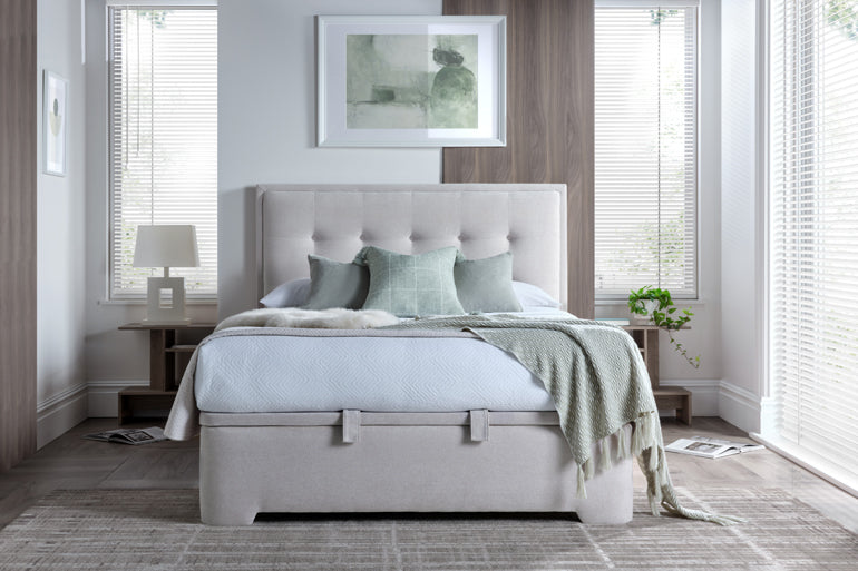 Bedroom with Kaydian Falstone Ottoman Bed in Maskat Clay and light decor