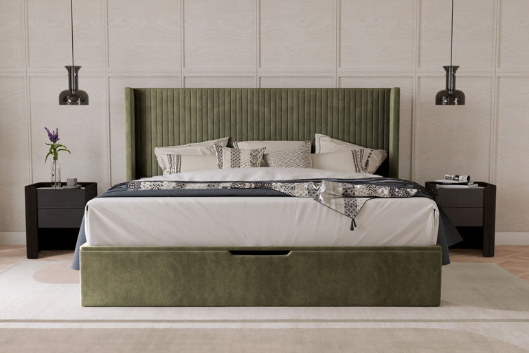 Kaydian Hartley Ottoman Bed in Olive with two bedsides in bedroom setting.