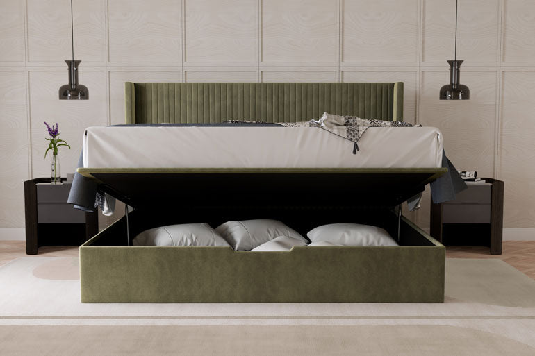 Kaydian Hartley Ottoman Bed with the storage compartment open in bedroom setting.