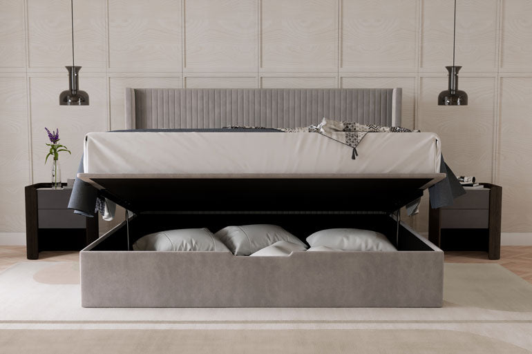 Kaydian Hartley Ottoman Bed in Taupe with the storage compartment open in bedroom setting.