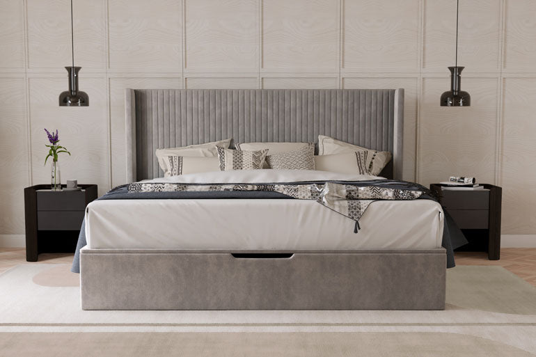 Kaydian Hartley Ottoman Bed in Taupe with two bedsides in bedroom setting.