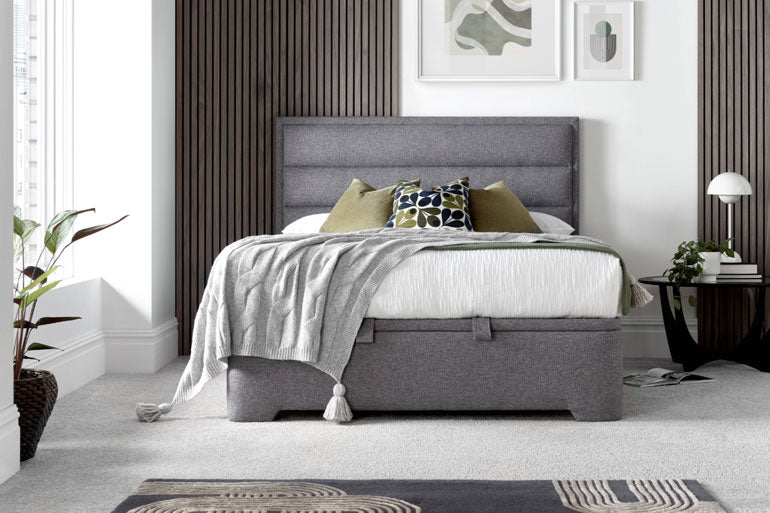 Kaydian Kirkby Ottoman Bed Marbella Grey in bedroom setting.