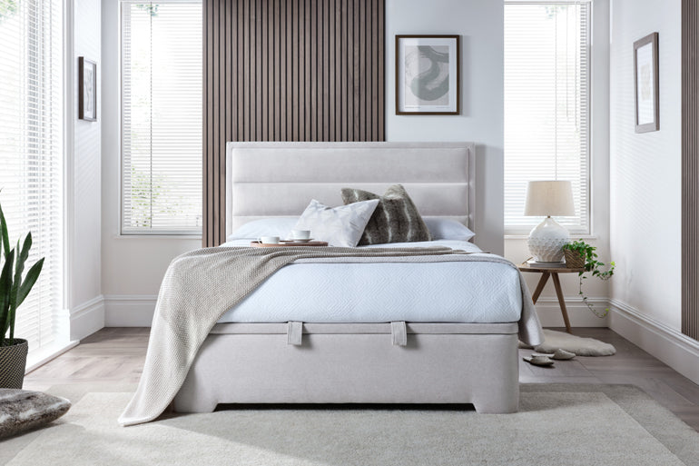 Kaydian Kirkby Ottoman Bed in Maskat Clay in bedroom setting.