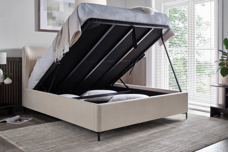 Kaydian Tyndale Ottoman Bed with ottoman storage open in bedroom setting