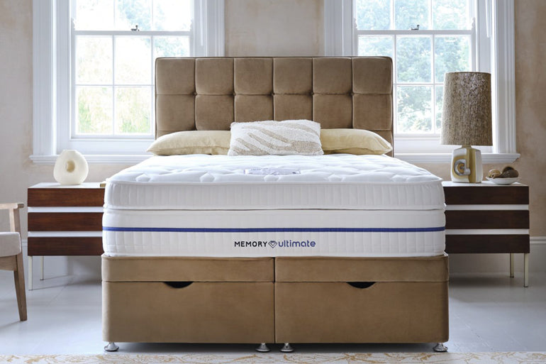 Bed with a memory foam mattress in a bedroom setting
