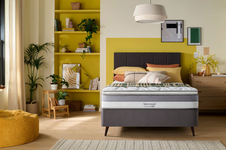 Silentnight Memory Cool 2000 Pillowtop Mattress on grey bed frame in bedroom setting.