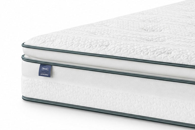 Close-up of a Silentnight UltraGel Miracoil Pillowtop Mattress with a brand label on a white background.