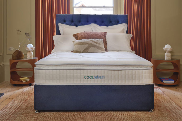 Cool Refresh Mattress on blue divan base with headboard