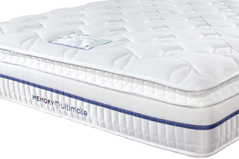 White memory foam mattress with 'Memory Ultimate' branding on a white background