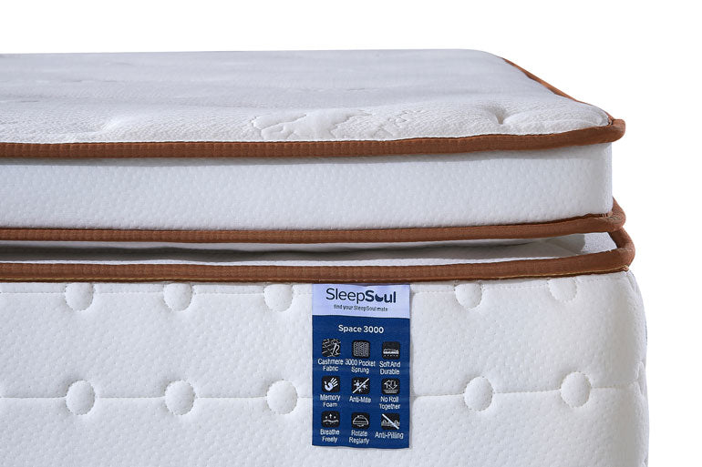Close-up of corner of Sleepsoul pillow-top mattress on white background