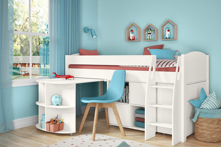 Stompa Uno S Mid Sleeper with Pull Out Desk &amp; Cube Unit &amp; 3 Drawer Chest
