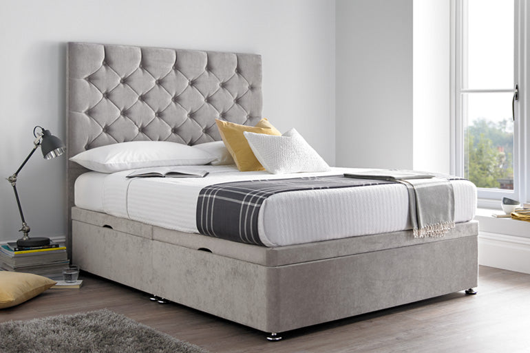 Button Divan Ottoman Bed in Silver Grey Velvet