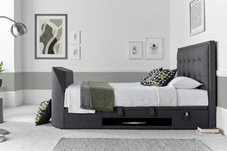 Kaydian Falstone | Falmer TV Ottoman Bed in bedroom setting with white bedding.