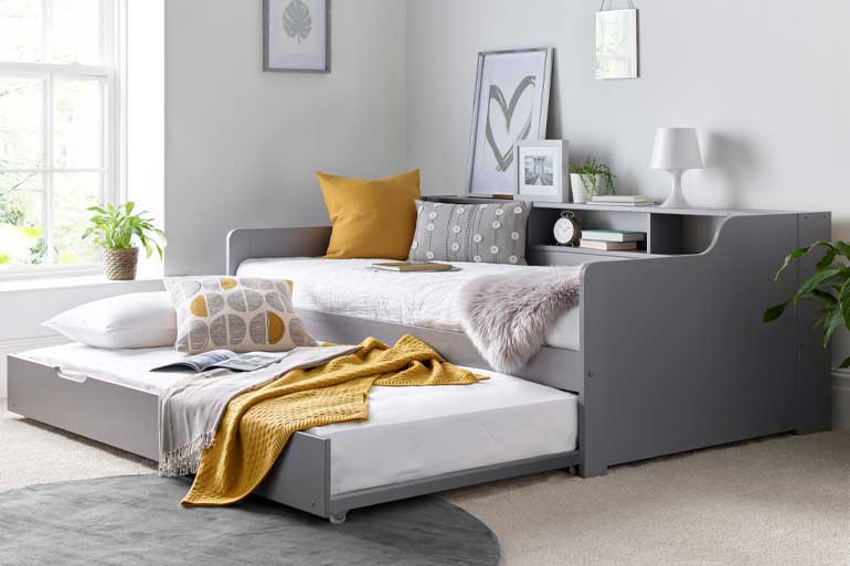 Tyler Wooden Day Bed with Trundle Grey Open